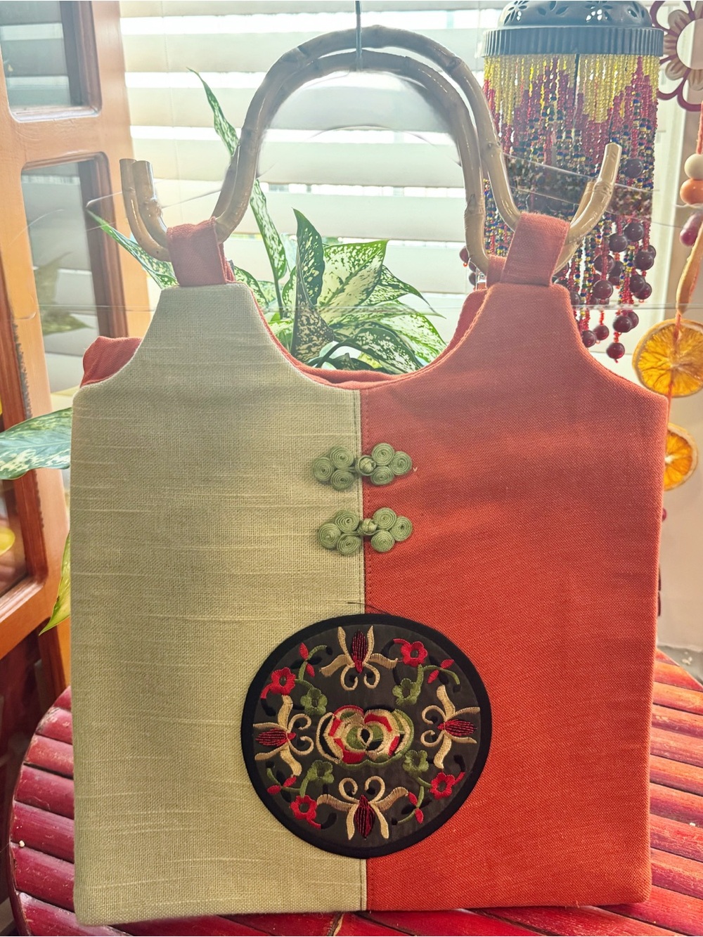 Two-Tone Linen Embroidered Shoulder Tote - Sage Green & Rust